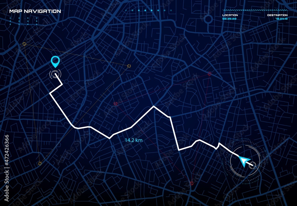 Poster City map navigation interface. GPS navigator vector screen, street roads and location background. City map screen interface with road destination pin, compass and traffic route direction arrows