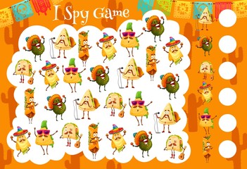 Obraz premium Tacos, avocado, burrito and nachos with quesadilla mexican characters. of I spy game vector worksheet. Find and match tabletop puzzle or kids riddle board game with food in sombrero and guitar