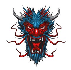 Cartoon asian dragon monster beast mascot head. China, Japan or Thailand mythology monster, fantasy creature or zodiac animal vector angry face. Furious roaring dragon with horns and sharp fangs