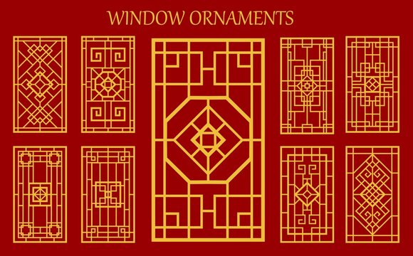 Asian korean, chinese and japanese window ornaments or embellishment. Vector traditional asian patterns for wall, door or window decor. Oriental vintage gold lattice grid on red background