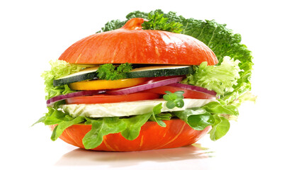 Meat Free Food Symbol - Vegetarian Pumpkin Hamburger with Vegetables  isolated on white Background