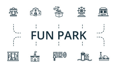 Fun Park icon set. Collection of simple elements such as the focus, bumper car, shooting gallery, water park, mirror room, castle.