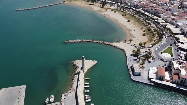 Aerial view. Rethymno town on the island of Crete. The historical part of the city and the port.