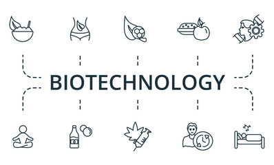Biotechnology icon set. Collection of simple elements such as the detox, biohacking, child train, horse carousel, clown, tickets, fastfood.