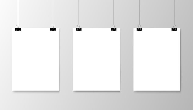 Hanging white paper posters mockup. Realistic sheets of paper on strings. Gallery exhibition, business presentation or shop showcase 3d vector blank posters, frames hanging on black binder paper clips