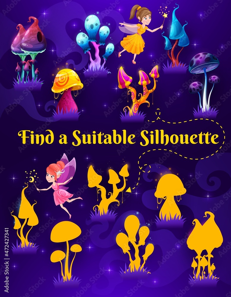 Poster find a correct mushroom shadow silhouette. vector kids game, education puzzle or maze. memory riddle