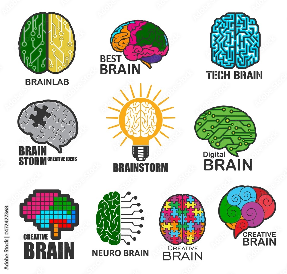 Fototapete neuro and tech brain, brainstorm and brain lab technology vector icons. human mind head in idea and 
