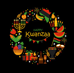 Vector collection of Happy Kwanzaa. Holiday symbols on black background in wreath.
