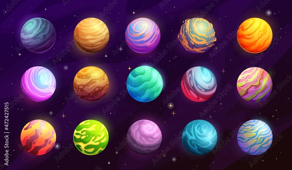 Poster cartoon galaxy space planets with ice, gas and ore, water, lava surface. alien worlds in outer space