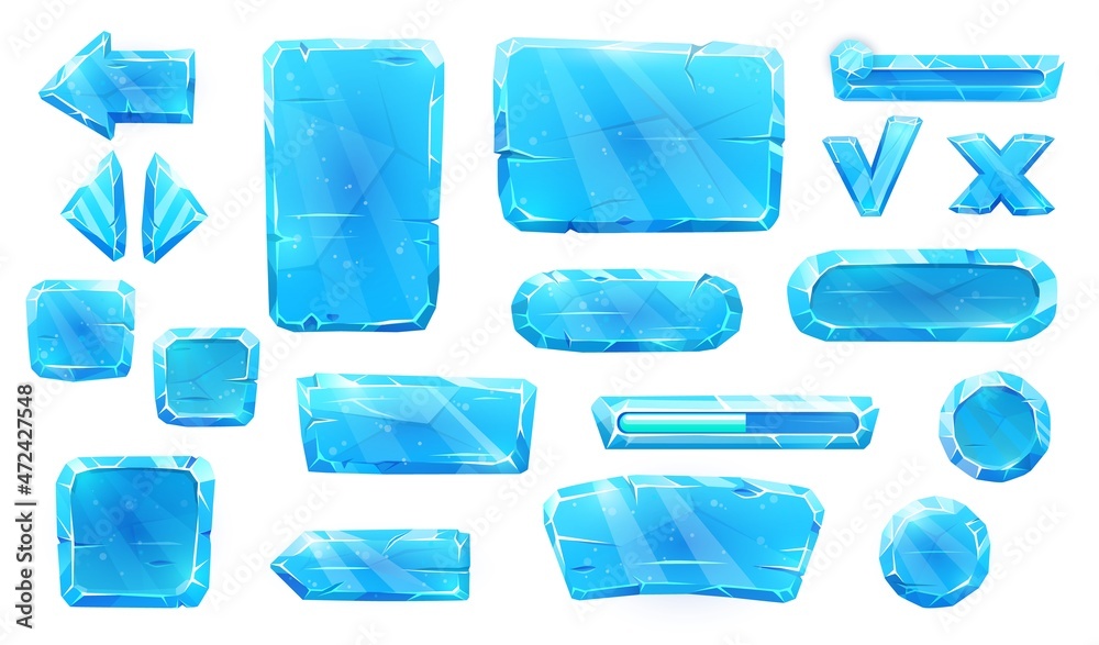 Poster ice crystal buttons, slider plates and arrows with keys of game asset. user panel vector interface. 