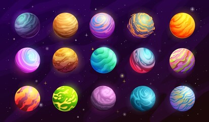 Cartoon galaxy space planets with ice, gas and ore, water, lava surface. Alien worlds in outer space, hot, frozen and live planets, asteroids vector GUI elements asset. Fantasy planetary systems moons