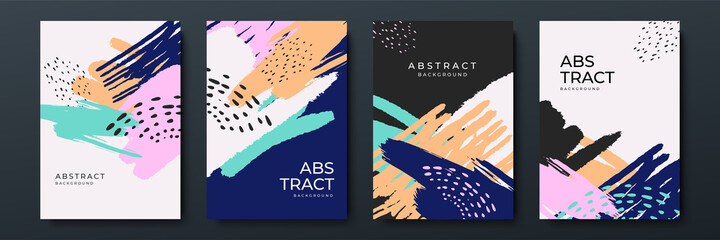 Abstract color brush background template set. Modern abstract covers set, minimal covers design. Colorful geometric background, vector illustration.