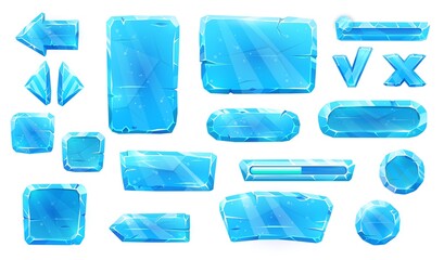 Ice crystal buttons, slider plates and arrows with keys of game asset. User panel vector interface. Cartoon blue ice icons for UI and GUI buttons, mobile game navigation menu elements of frozen water © Vector Tradition