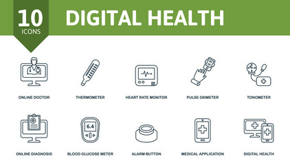 Digital Health icon set. Collection of simple elements such as the online doctor, thermometer, heart rate monitor, pulse oximeter, medical application, blood glucose meter, digital health.