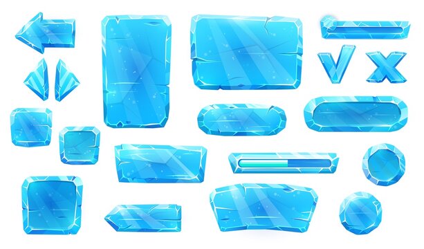 Ice crystal buttons, slider plates and arrows with keys of game asset. User panel vector interface. Cartoon blue ice icons for UI and GUI buttons, mobile game navigation menu elements of frozen water