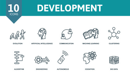 Development icon set. Collection of simple elements such as the evolution, artificial intelligence, communication, machine learning, cognition, engineering, big data.