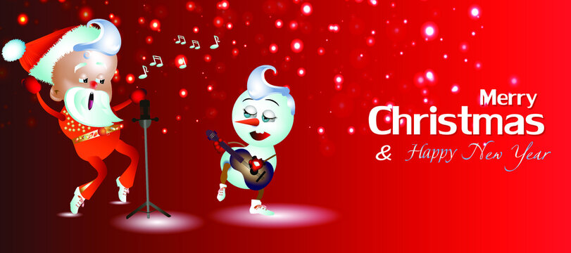 christmas card with santa claus. Santa claus and snowman in the image of rock musicians playing guitar and singing. Cartoon style.