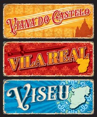 Viseu, Vila Real, Viana do Castelo portuguese provinces vector plates with district map silhouettes. Viana do Castelo cathedral and templar sword on background of azulejo tile pattern signs - obrazy, fototapety, plakaty