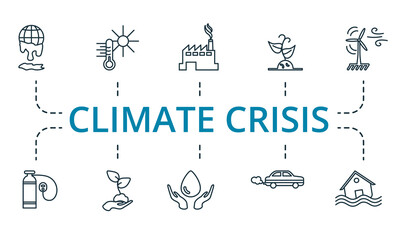Climate Crisis icon set. Collection of simple elements such as the sapling, factory, wind power, save water, hot weather, natural oxygen.