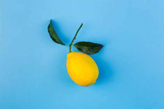 One Fresh Yellow Lemon With Green Leaves On A Blue Flat Lay