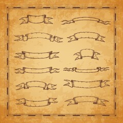 Vintage heraldic ribbon, pennant and banner sketches, ancient map elements. Vector engraved antique royal ribbons on torn papyrus paper with frame, curled hand drawn bands or ribands on parchment