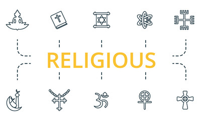 Religious icon set. Collection of simple elements such as the judaism, gnosticism, hinduism, atheism, buddhism, bible.