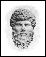 Pencil sketch drawing of the Roman Emperor Lucius Verus. (130 BC – 169 BC). Poster, Wall Decoration, Postcard, Social Media Banner, Brochure Cover Design Background. Vector Pattern.