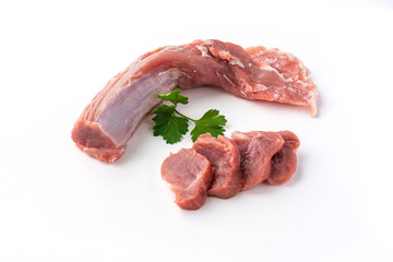Raw pork tenderloin meat on a white background