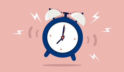 Ringing alarm clock - Vintage wake up clock jumping and making loud noise Vector illustration with flat design. - obrazy, fototapety, plakaty