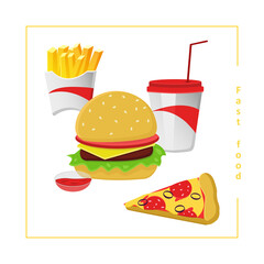 Fast food set with classic hamburger, fries, soft drink, pizza and sauce. Vector flat style illustration isolated on white background