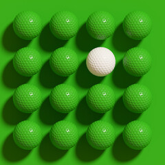 White golf ball among green balls. 3d rendering illustration.
