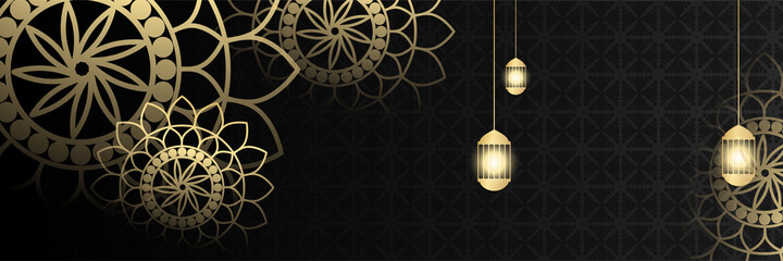 Ramadan Kareem banner background. Lantern, moon and abstract luxury islamic pattern elements background. Vector abstract graphic design banner pattern background template.