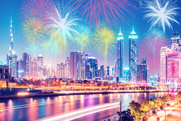 Fototapeta na wymiar Beautiful bright colorful city landscape in Dubai, OAE and the sky in festive New Year's fireworks