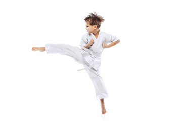 Portrait of little boy, sportsman training, practising martial art, karate isolated over white background © Lustre Art Group 