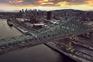 Aerial picture of Pont Jacques Cartier at dusk in Montreal city