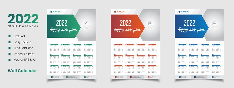 2022 wall calendar template design and free vector file or editable file