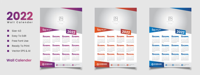 2022 wall calendar 12 month editable vector file template design