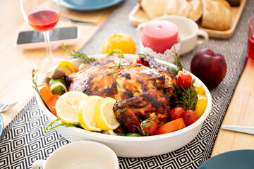 Celebration in Christmas day with roasted turkey and bread in holiday, thanksgiving eve.