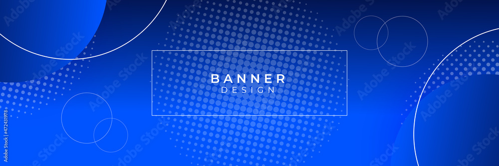 Poster minimal geometric blue background. dynamic blue shapes composition with orange lines. vector energy 