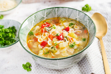 Minestrone, italian vegetable soup with pasta on light table.