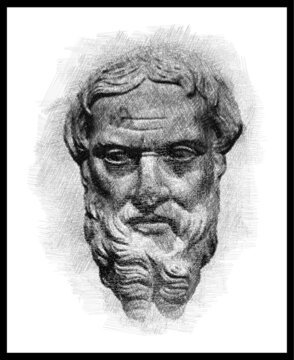 Pencil sketch drawing of the Herodotus ancient greek historian and writer. (c.&thinsp;484&nbsp;BC  &ndash; c.&thinsp;425 BC). Poster, Wall Decoration, Postcard, Social Media Banner, Brochure, Background. Vector Pattern.