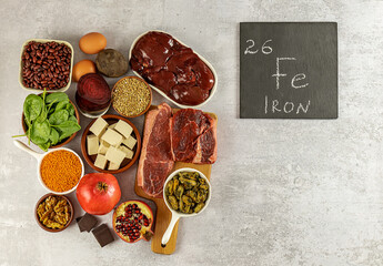 Foods high in Iron, a great source for your health, nervous and endocrine system, organic ingredients. Healthy diet concept, copy space