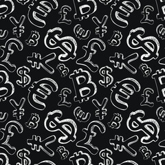 Seamless pattern with money signs. Dollar, euro, pound,yen and bitcoin symbols in doodle style. Vector illustration.