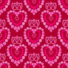 Hearts and crowns of rose petals on a red background, seamless royal pattern