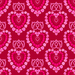 Hearts and crowns of rose petals on a red background, seamless royal pattern