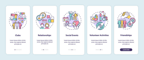 Social participation examples onboarding mobile app page screen. Group activity walkthrough 4 steps graphic instructions with concepts. UI, UX, GUI vector template with linear color illustrations