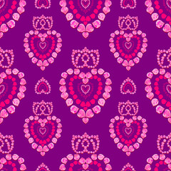 Heart and crown on purple background, seamless pattern of watercolor hearts made of rose petals 