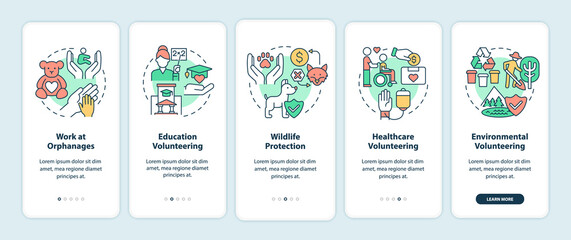 Volunteering types onboarding mobile app page screen. Charity support walkthrough 4 steps graphic instructions with concepts. UI, UX, GUI vector template with linear color illustrations