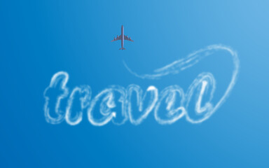 plane in the sky with the word Travel made of smoke