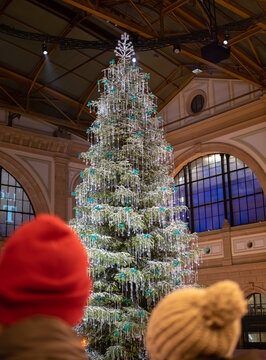 Traditional Christmas tree at railway station in Zurich